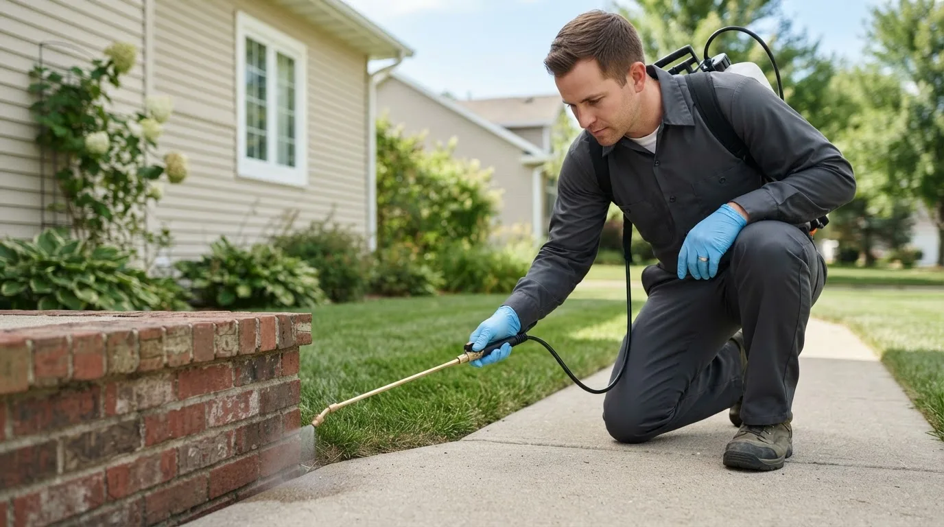 Pest control technician treating a home near University Heights, IA