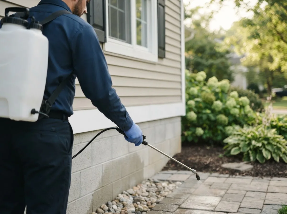 Pest control technician inspecting a home in University Heights, IA